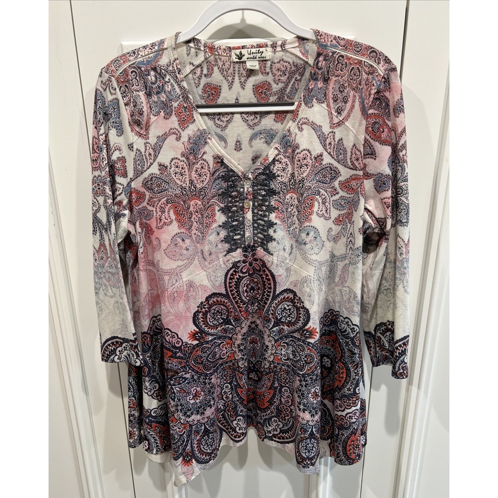 Unity World Women's Asymmetric Top Size Large Embroidered Floral‎ Boho Hippie